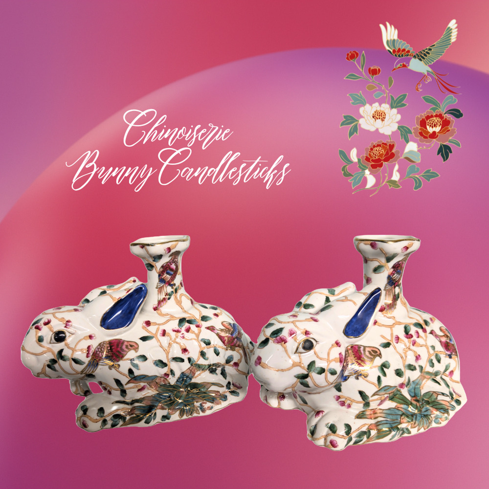 Chinoiserie Bunny Candle Holders Set Floral Art Birds Numbered Large 6 x 10